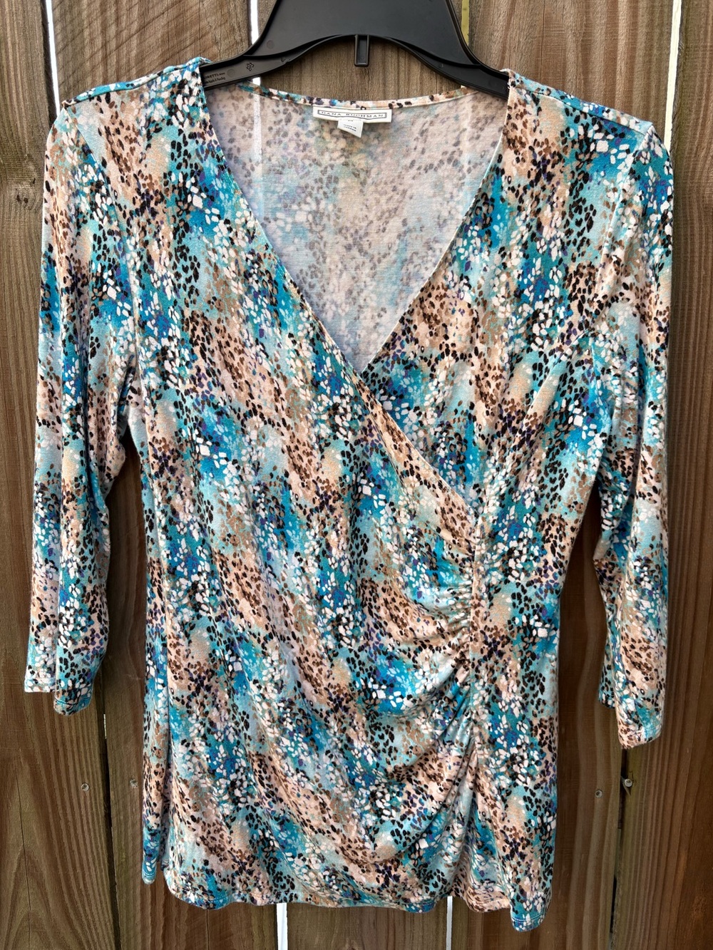 Dana Buchman Teal and Tan Animal-Print Surplice Top